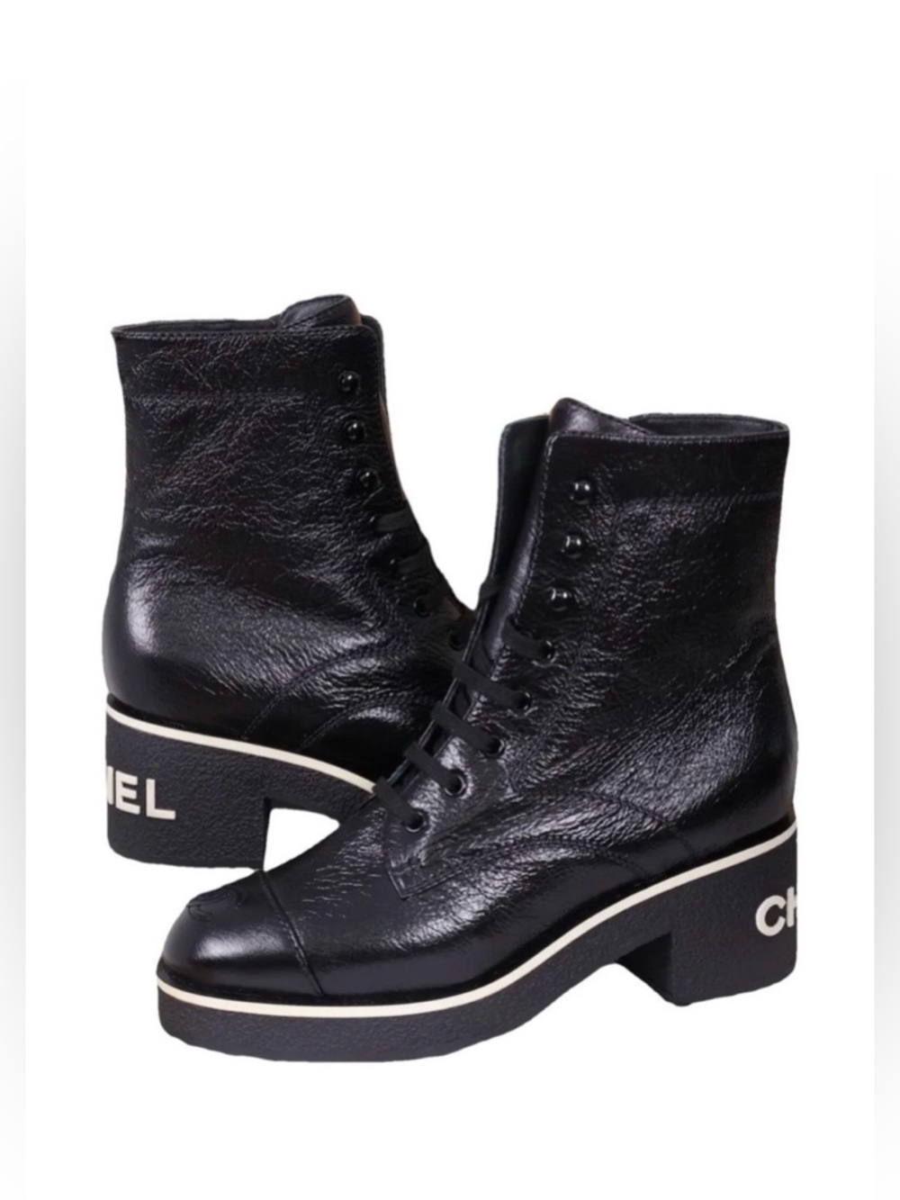 CHANEL 21C Shiny Crumpled Lambskin Patent Lace Up Ankle Short Heel Boots